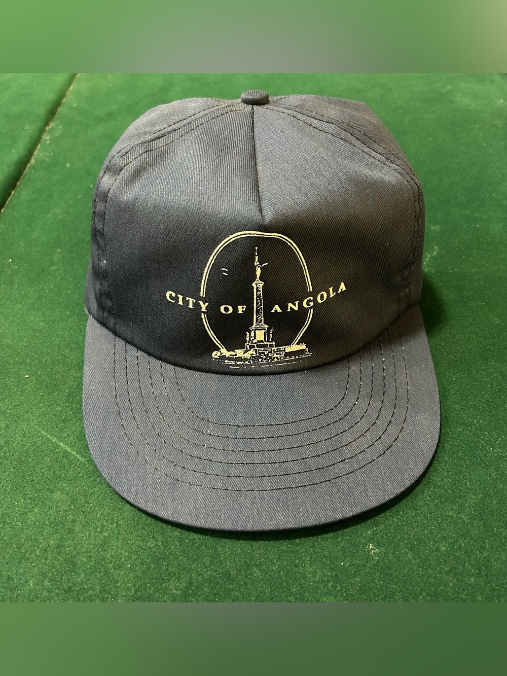 Vintage City of Angola Indiana Snapback Hat Navy Blue Green Underbrim USA